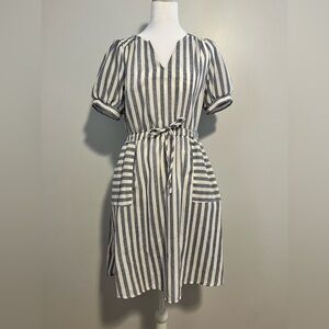 Monteau Blue and White Striped Puff-Sleeve Midi Dress